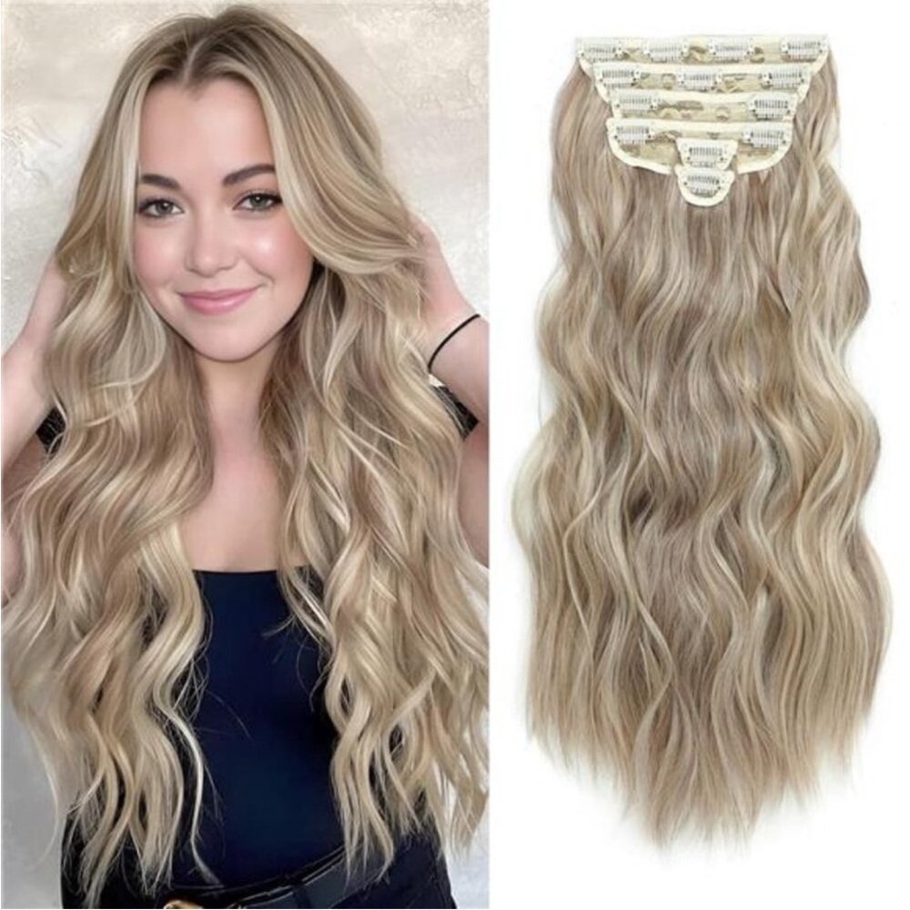 6PCS Long Wavy Curly Clip on Dirty Blonde Mixed Gold